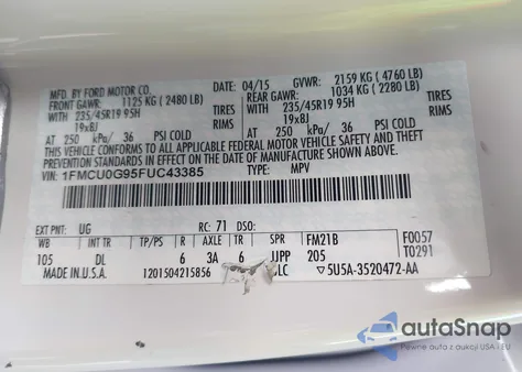 2015 Ford Escape Se z USA, uszkodzony, nr VIN 1FMCU0G95FUC43385